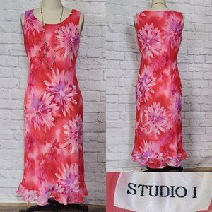 90s Y2K Bias Cut Slip Dress ruffle hot pink Fuschia floral midi L 12